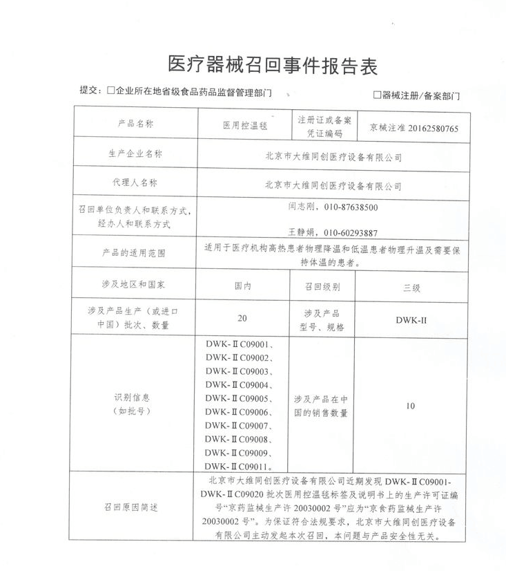 北京市大维同创医疗设备有限公司对医用控温毯主动召回｜品控日报