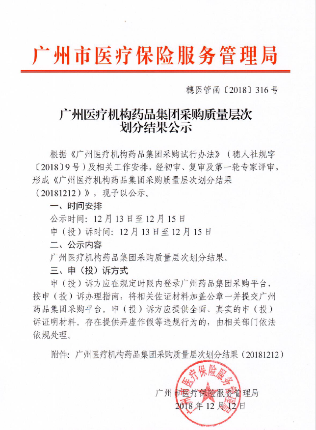 【广东】广东省广州医疗机构药品集团采购质量层次划分结果公示