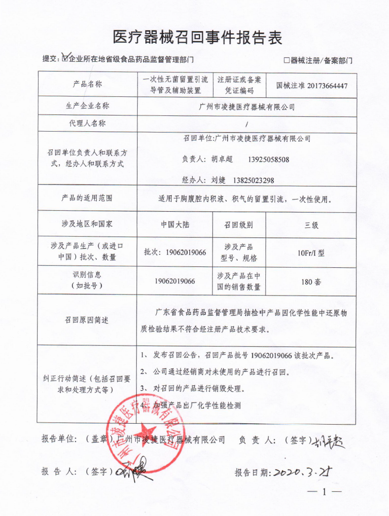 广州市凌捷医疗器械有限公司对一次性无菌留置引流导管及辅助装置主动召回｜召回信息