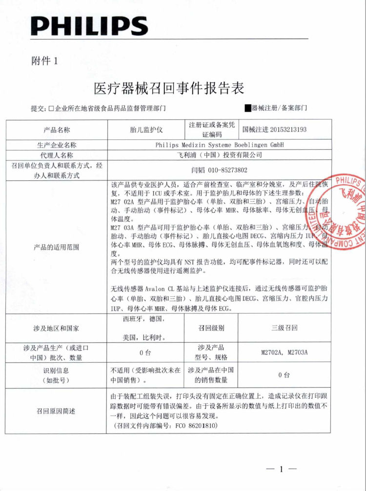 Philips Medizin Systeme Boeblingen GmbH对胎儿监护仪主动召回｜品控日报