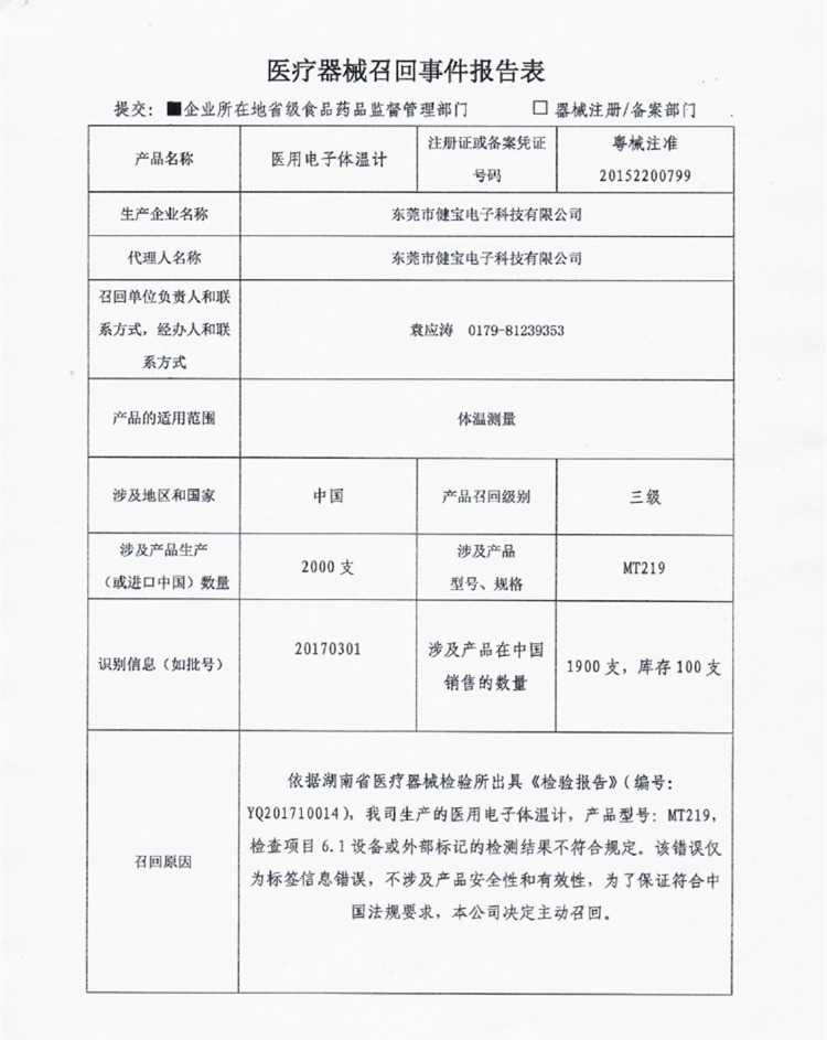 东莞市健宝电子科技有限公司对医用电子体温计主动召回 | 品控日报