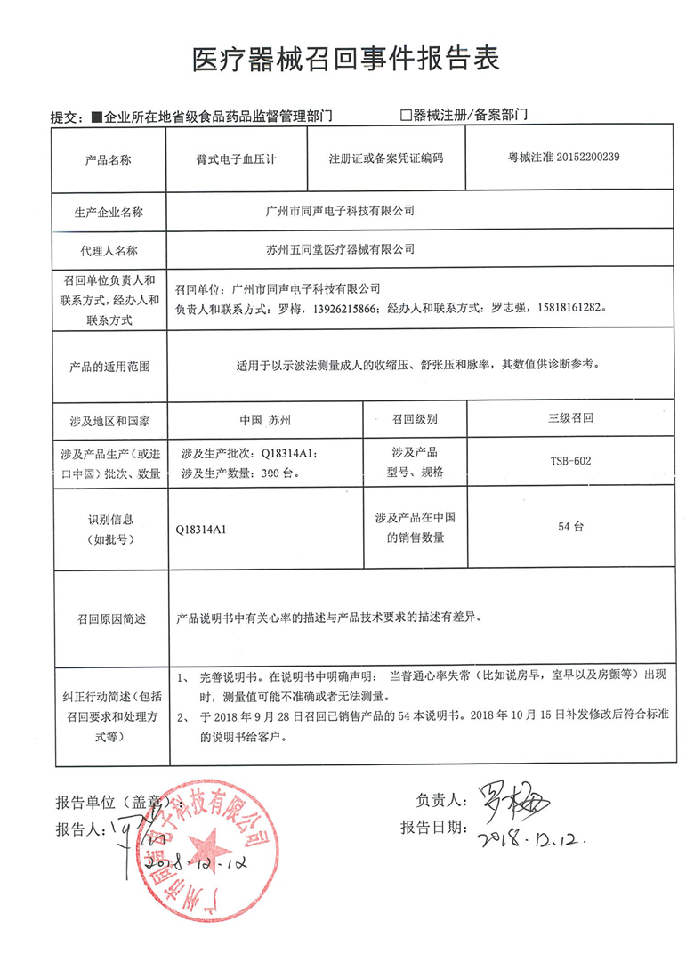 广州市同声电子科技有限公司对臂式电子血压计主动召回 ｜品控日报